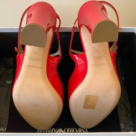 Emporio Armani 39 Bright Red Sexy Classic Rate Patent Leather Slingback Pumps!